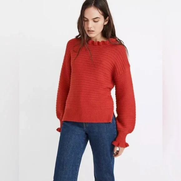 New Madewell ruffle neck sweater knit red m medium - Picture 2 of 6